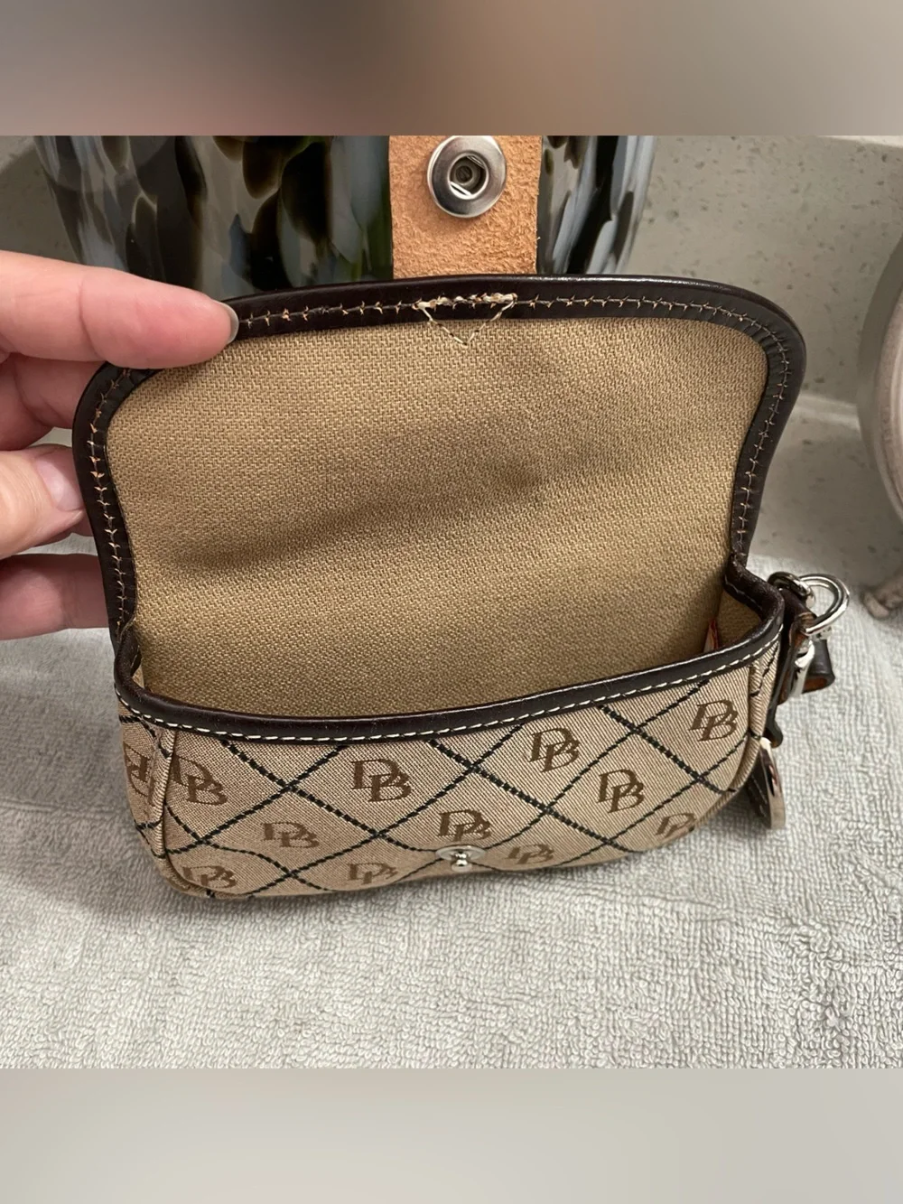 Vintage Dooney & Bourke Beige Canvas Wristlet with Dark Brown Trim